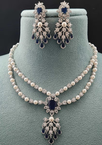 Premium AAA Grade Cubic Zircon/American Diamond Sets with Pearls - Necklace & Earrings Green & Blue