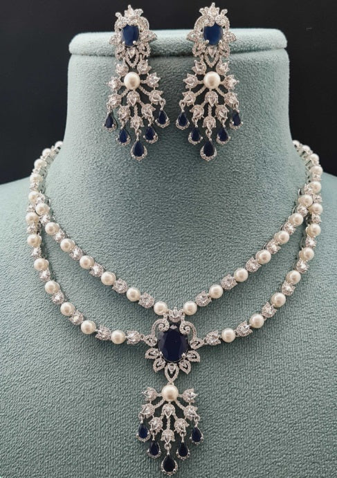 Premium AAA Grade Cubic Zircon/American Diamond Sets with Pearls - Necklace & Earrings Green & Blue
