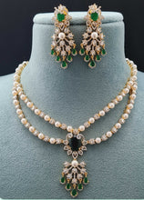 Load image into Gallery viewer, Premium AAA Grade Cubic Zircon/American Diamond Sets with Pearls - Necklace &amp; Earrings Green &amp; Blue