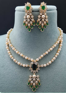 Premium AAA Grade Cubic Zircon/American Diamond Sets with Pearls - Necklace & Earrings Green & Blue