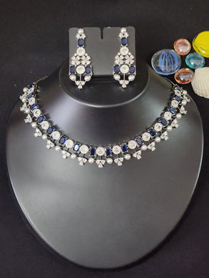 Premium AAA Grade Cubic Zircon / American Diamond Sets with Pearls - Necklace & Earrings Blue