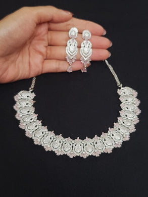 Premium AAA Grade Cubic Zircon / American Diamond Sets - Necklace & Earrings - Pink, Green