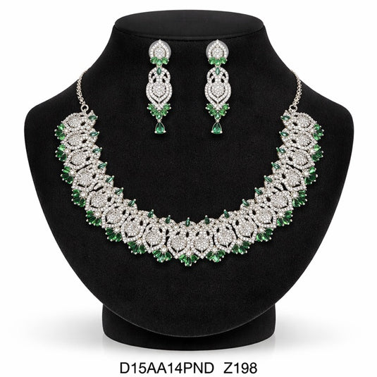 Premium AAA Grade Cubic Zircon / American Diamond Sets - Necklace & Earrings - Pink, Green