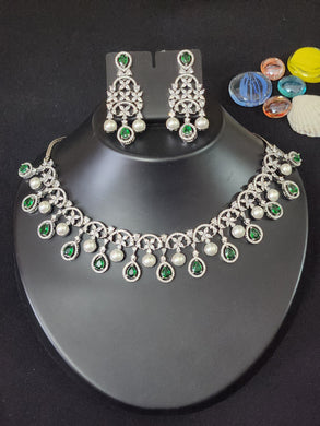 Premium AAA Grade Cubic Zircon / American Diamond Sets - Necklace & Earrings Red & Green