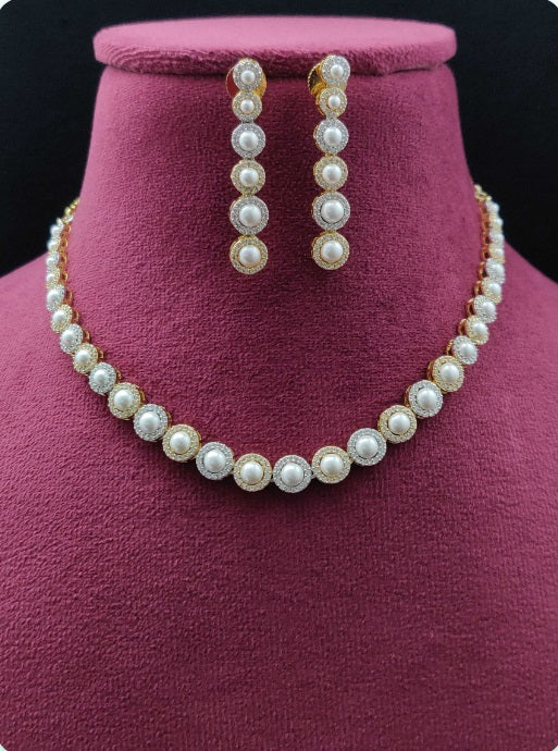 Premium AAA Grade Cubic Zircon / American Diamond Pearl Sets - Necklace & Earrings