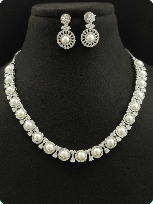 Premium AAA Grade Cubic Zircon / American Diamond Pearl Sets - Necklace & Earrings
