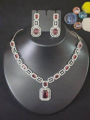 Premium AAA Grade Cubic Zircon / American Diamond Sets - Necklace & Earrings - Red, Green