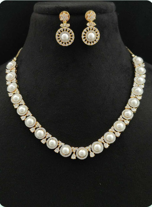 Premium AAA Grade Cubic Zircon / American Diamond Pearl Sets - Necklace & Earrings