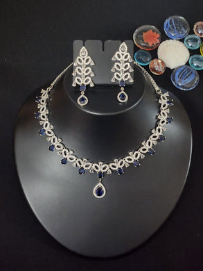 Premium AAA Grade Cubic Zircon / American Diamond Sets - Necklace & Earrings - Blue