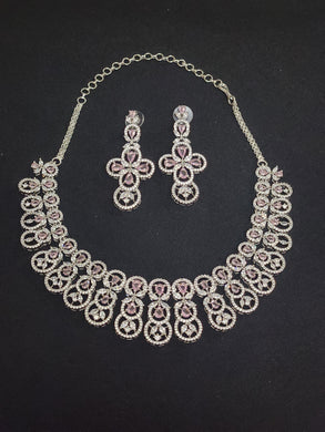 Premium AAA Grade Cubic Zircon / American Diamond Sets - Necklace & Earrings - Pink