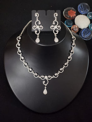 Premium AAA Grade Cubic Zircon / American Diamond Sets - Necklace & Earrings - Blue & Clear