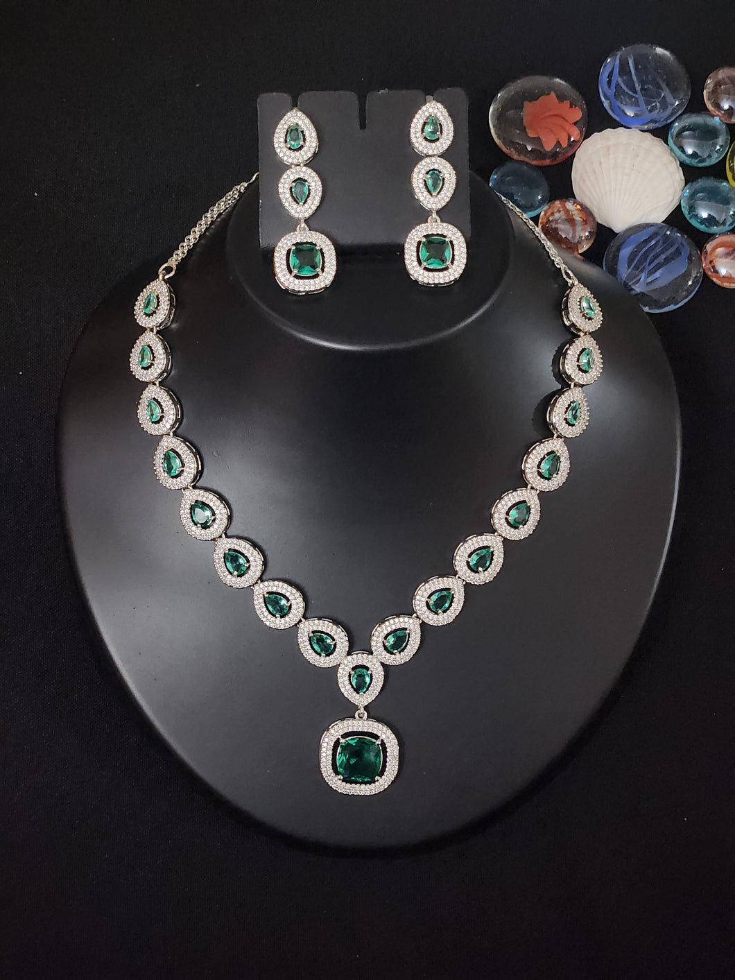 Premium AAA Grade Cubic Zircon / American Diamond Sets - Necklace & Earrings - Green