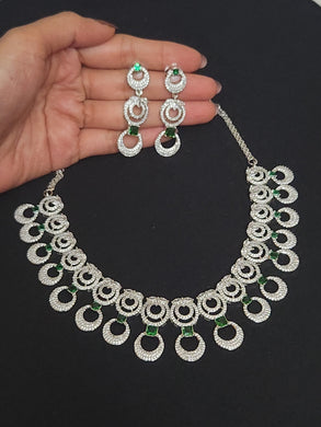 Premium AAA Grade Cubic Zircon / American Diamond Sets - Necklace & Earrings - Green