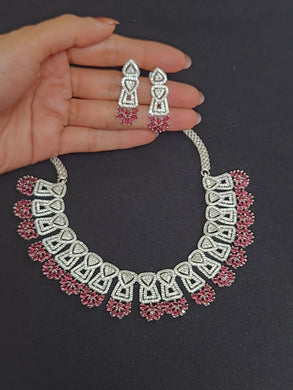 Premium AAA Grade Cubic Zircon / American Diamond Sets - Necklace & Earrings - Pink