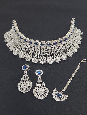 Premium AAA Grade Cubic Zircon / American Diamond Sets - Necklace & Earrings - Blue