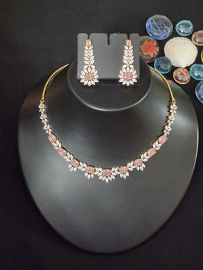 Premium AAA Grade Cubic Zircon / American Diamond Sets - Necklace & Earrings - Pink