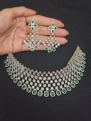 Premium AAA Grade Cubic Zircon / American Diamond Sets - Necklace & Earrings - Green