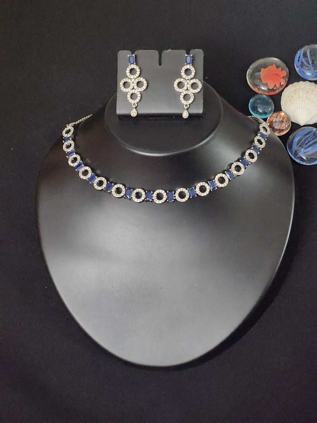 Premium AAA Grade Cubic Zircon / American Diamond Sets - Necklace & Earrings - Blue