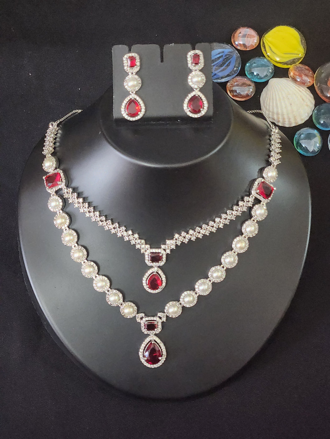 Premium AAA Grade Cubic Zircon / American Diamond Sets - Necklace & Earrings Red