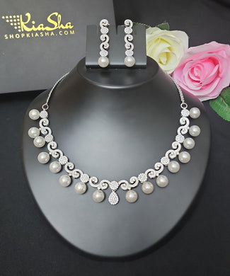Premium AAA Grade Cubic Zircon / American Diamond Sets in Pearls - Necklace & Earrings