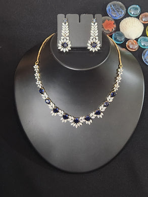 Premium AAA Grade Cubic Zircon / American Diamond Sets - Necklace & Earrings - Blue