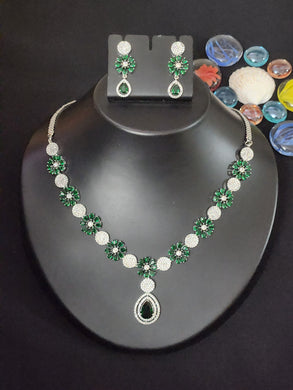 Premium AAA Grade Cubic Zircon / American Diamond Sets - Necklace & Earrings - Green