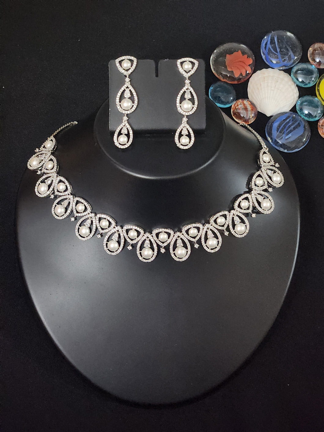 Premium AAA Grade Cubic Zircon / American Diamond Pearl Sets - Necklace & Earrings