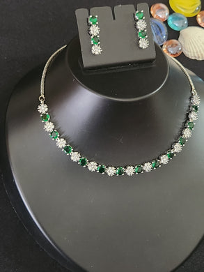 Premium AAA Grade Cubic Zircon / American Diamond Sets - Necklace & Earrings - Green, Blue