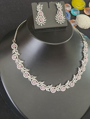 Premium AAA Grade Cubic Zircon / American Diamond Sets - Necklace & Earrings - Green, Pink