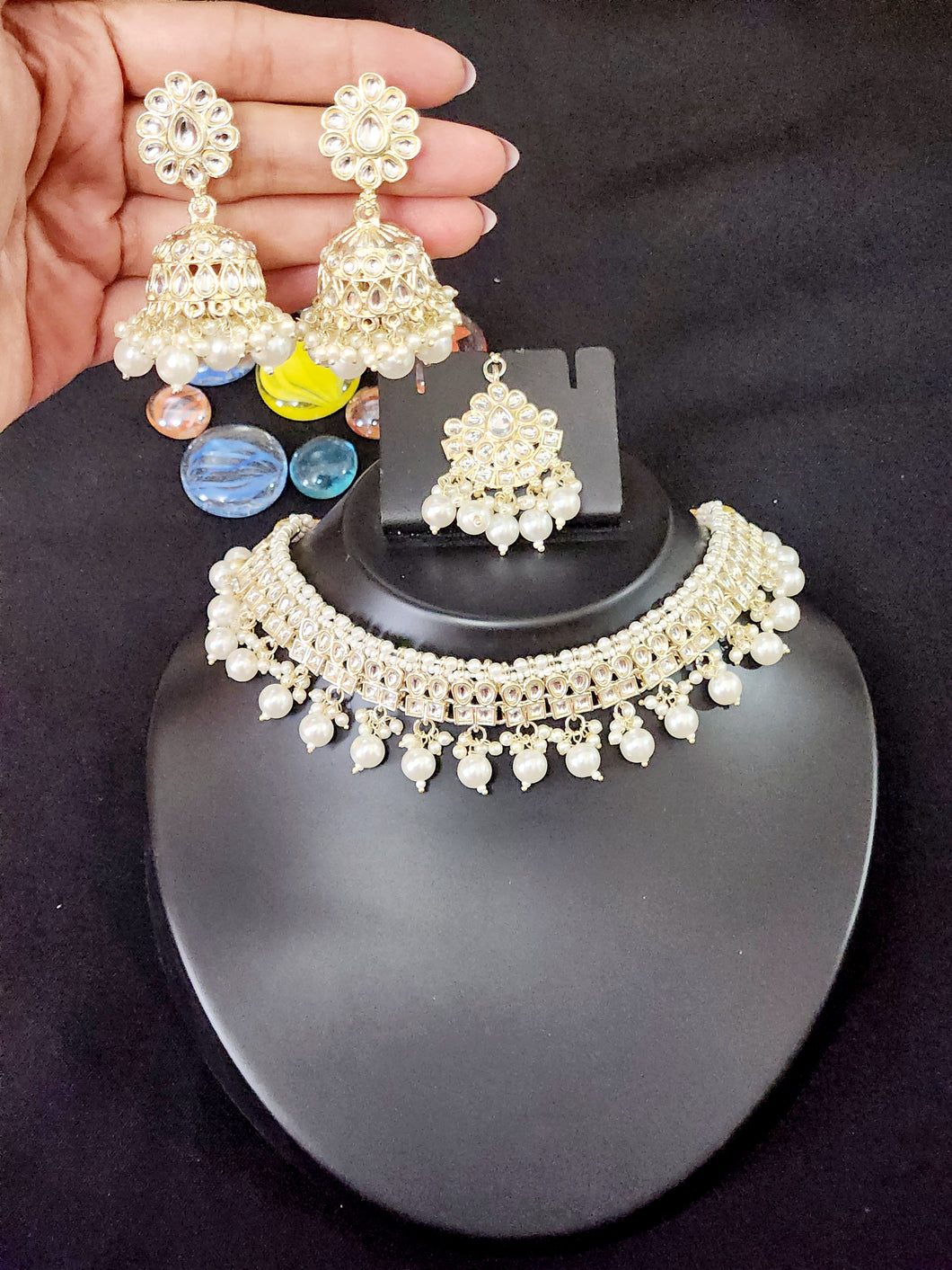 Meenakari Ethnic Kundan & Pearl Set - Choker, Earrings & Mangtikka