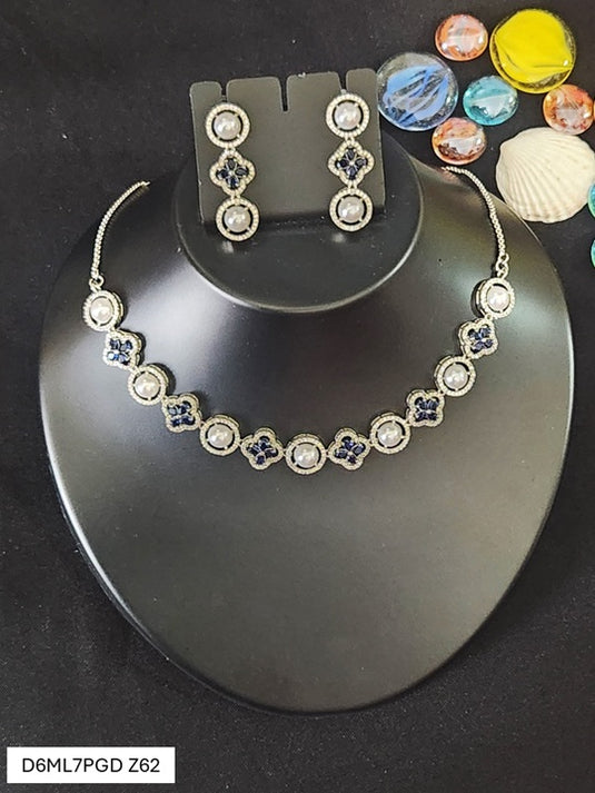Premium AAA Grade Cubic Zircon / American Diamond Pearl Sets - Necklace & Earrings Blue