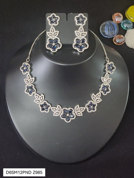 Premium AAA Grade Cubic Zircon / American Diamond Sets - Necklace & Earrings - Pink, Blue