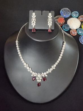 Premium AAA Grade Cubic Zircon / American Diamond Sets - Necklace & Earrings Red