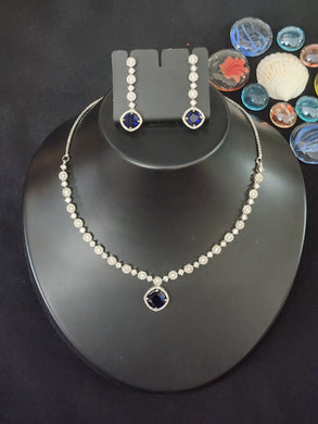 Premium AAA Grade Cubic Zircon / American Diamond Sets - Necklace & Earrings - Blue