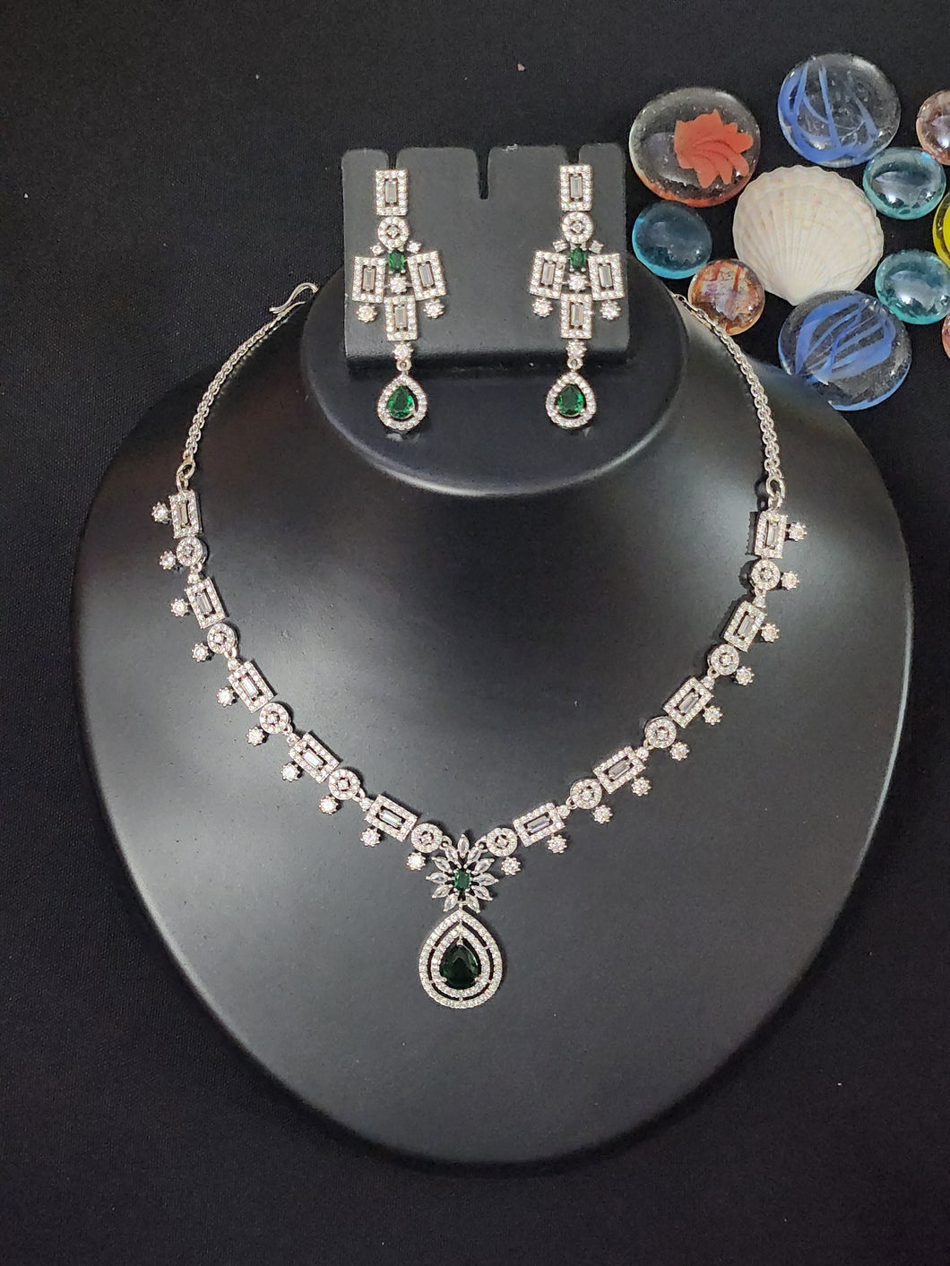 Premium AAA Grade Cubic Zircon / American Diamond Sets - Necklace & Earrings - Red, Green, Blue & Clear