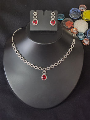 Premium AAA Grade Cubic Zircon/American Diamond Set - Necklace & Earrings Red