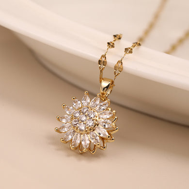 Rotatable Sunflower Necklace in Stainless Steel and Cubic Zircon