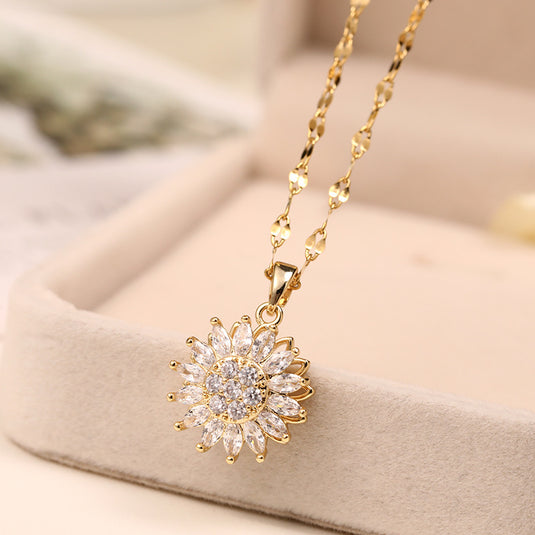 Rotatable Sunflower Necklace in Stainless Steel and Cubic Zircon