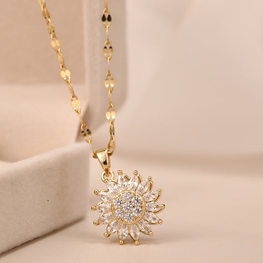 Rotatable Sunflower Necklace in Stainless Steel and Cubic Zircon