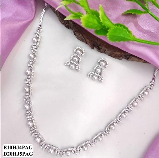 Premium AAA Grade Cubic Zircon / American Diamond Pearl Sets - Necklace & Earrings
