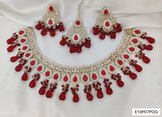 Meenakari Ethnic Kundan & Pearl Set - Choker, Earrings & Mangtikka in Yellow Gold - Red