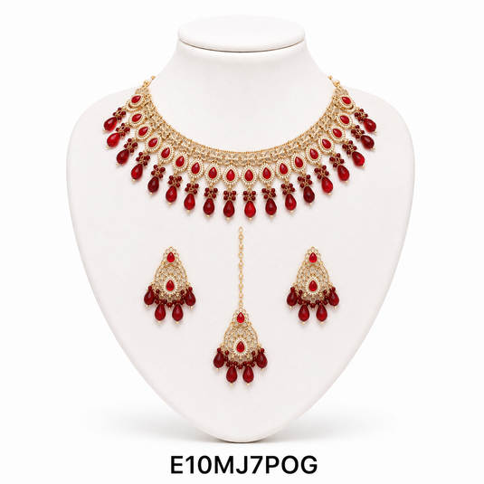 Meenakari Ethnic Kundan & Pearl Set - Choker, Earrings & Mangtikka in Yellow Gold - Red, Green & Multicolor