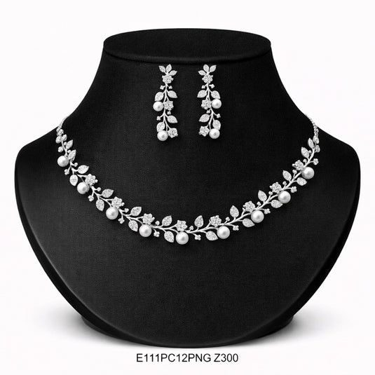 Premium AAA Grade Cubic Zircon / American Diamond Pearl Sets - Necklace & Earrings