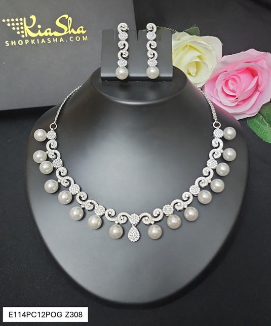 Premium AAA Grade Cubic Zircon / American Diamond Sets in Pearls - Necklace & Earrings