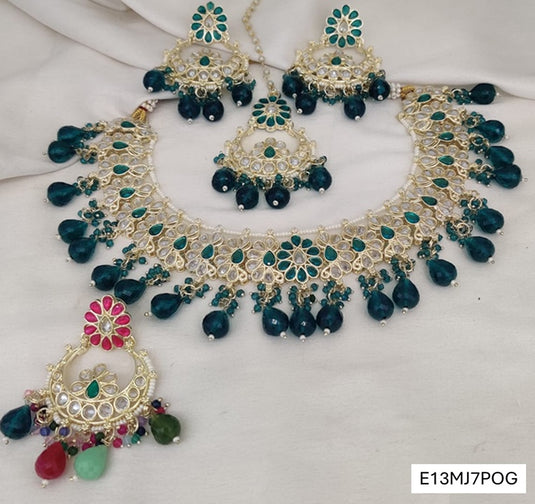 Meenakari Ethnic Kundan & Pearl Set - Choker, Earrings & Mangtikka in Yellow Gold - Red, Green & Multicolor