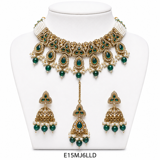 Meenakari Ethnic Kundan & Pearl Set - Choker, Earrings & Mangtikka in Mehendi Color - Pink, Maroon, Wine, Green, Red Green, Mint Pink