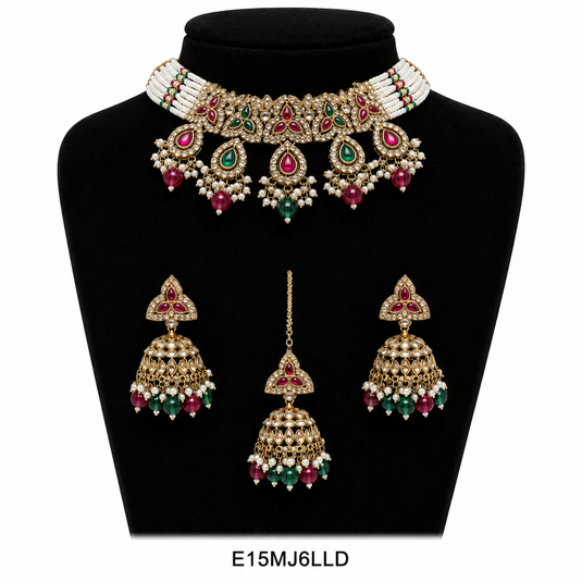 Meenakari Ethnic Kundan & Pearl Set - Choker, Earrings & Mangtikka in Mehendi Color - Pink, Maroon, Wine, Green, Red Green, Mint Pink