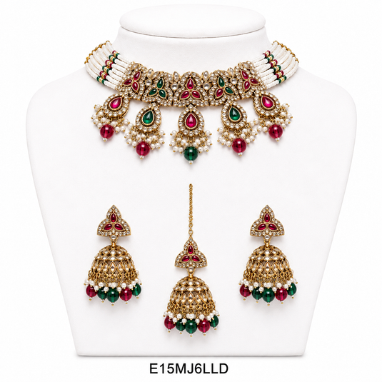 Meenakari Ethnic Kundan & Pearl Set - Choker, Earrings & Mangtikka in Mehendi Color - Pink, Maroon, Wine, Green, Red Green, Mint Pink