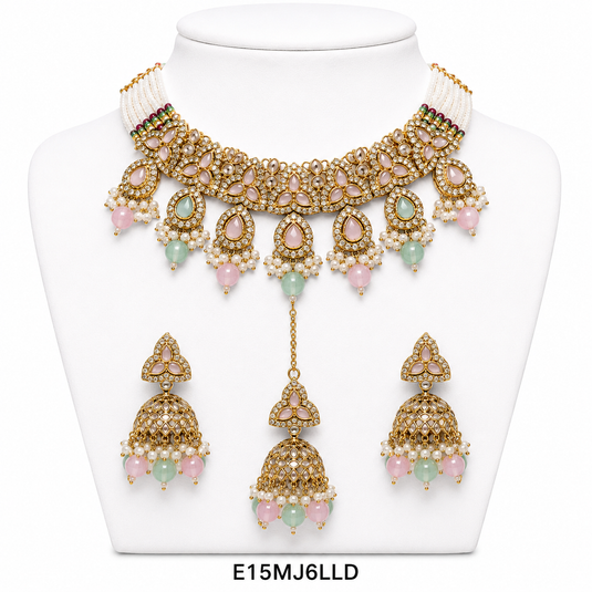 Meenakari Ethnic Kundan & Pearl Set - Choker, Earrings & Mangtikka in Mehendi Color - Pink, Maroon, Wine, Green, Red Green, Mint Pink