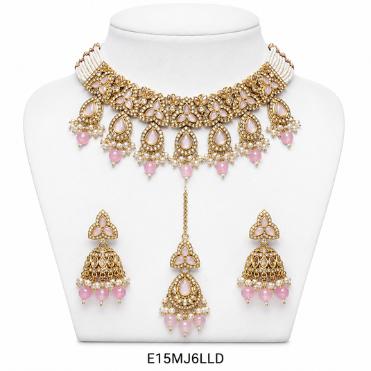 Meenakari Ethnic Kundan & Pearl Set - Choker, Earrings & Mangtikka in Mehendi Color - Pink, Maroon, Wine, Green, Red Green, Mint Pink